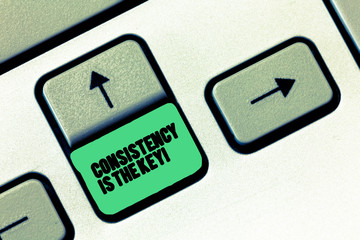 Conceptual hand writing showing Consistency Is The Key. Business photo text full Dedication to a...
