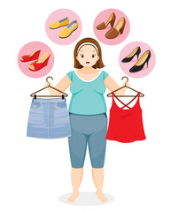 Fat Woman Decide Selecting The Right Shoes For Her Clothing, Footwear, Fashion, Objects
