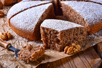 Fresh and tasty autumnal walnut cake with honey