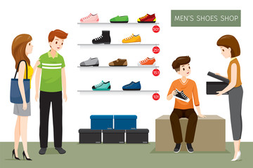 Men’s Shoes Shop With Saleswoman And Customers, Footwear, Fashion, Objects, Occupation, Profession, Working