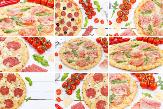 Pizza Collage Sammlung Salami Prosciutto Schinken Essen Food