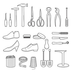 Set Of Shoes Repair Tools And Shoes Accessories, Outline, Footwear, Fashion, Objects