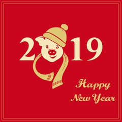 The year of the pig 2019. Greeting card with a funny pig with hat and scarf. Chinese Happy new year. Art design on a red background for flyers, booklets, invitations. Vector illustration