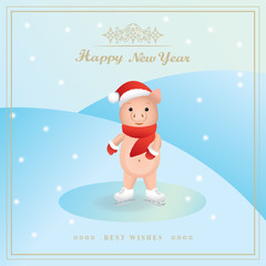 Piggy skating on ice. 3d art design for books, greeting cards, brochures, holiday flyers, booklets. Chinese Happy new year. The inscription Best wishes. Pig in Santa's hat. Vector illustration