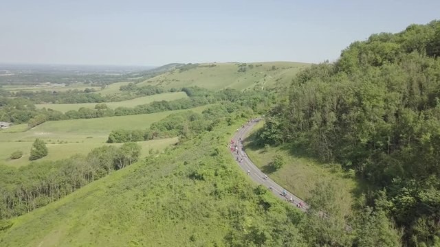 The london to brighton bike ride filmed by drone, in the final part of the bike ride climbing up ditchling beacon