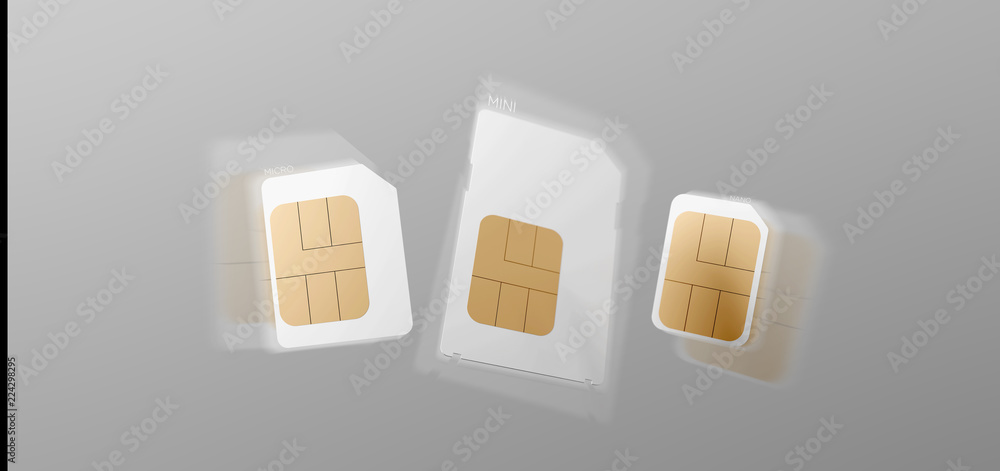Poster different size of a smartphone sim card 3d rendering