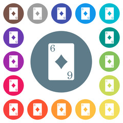 Six of diamonds card flat white icons on round color backgrounds