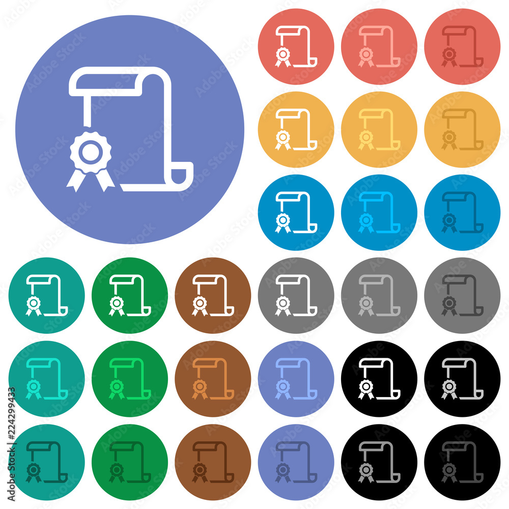 Poster scroll with certificate on left round flat multi colored icons