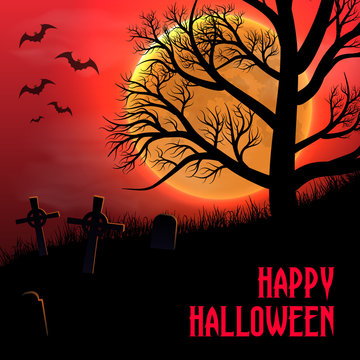 Happy Halloween background with graveyard, trees and moon.