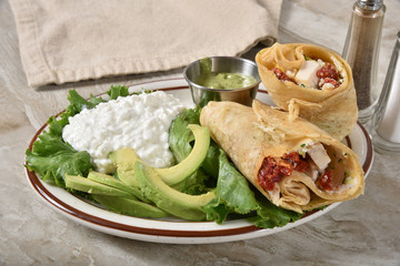 Chicken wrap sandwich and cottage cheese