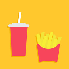French fries potato in a paper wrapper box icon. Soda drink glass with straw. Fried potatoes. Fast food menu. Flat design. Yellow background. Isolated.