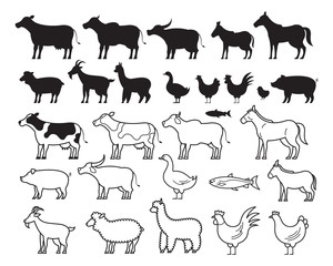 Farm Animals Silhouette and Line Set