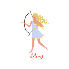 Obraz premium Artemis Olympian Greek Goddes, ancient Greece myths cartoon character vector Illustration on a white background