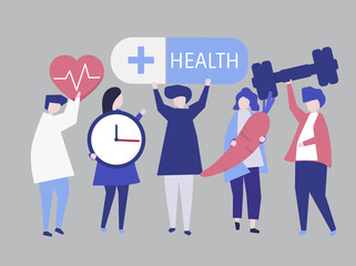 Charactes of people holding health icons illustration