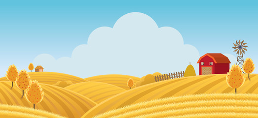 Farm on Hill with Yellow or Gold Field Background © muchmania