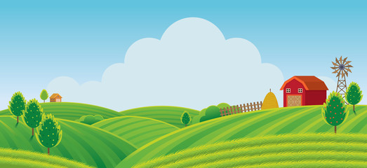 Farm on Hill with Green Field Background