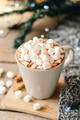 Hot cocoa with marshmallow and spices on wooden table with a gray knitted plaid. Cozy breakfast, New Year's Eve