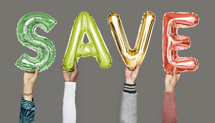 Hands showing save balloons word