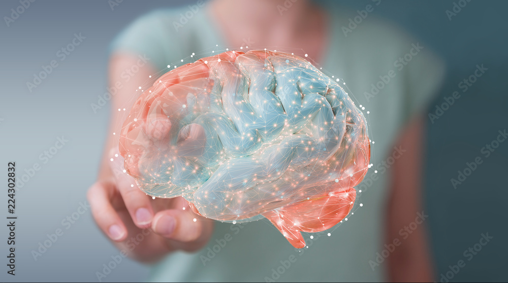 Aufkleber businesswoman using digital 3d projection of a human brain 3d rendering