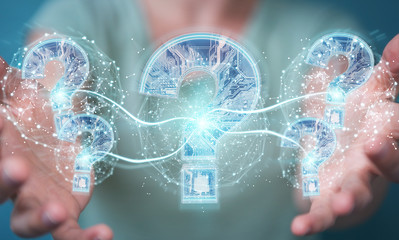 Businesswoman solving problem with digital question marks 3D rendering