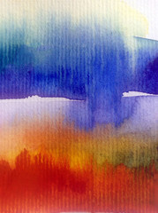 Watercolor abstract bright colorful textural background handmade . Painting of sky and clouds during sunrise . Modern cosmic pattern . Shine