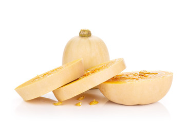 Group of one half three slices of smooth pear shaped orange butternut squash waltham variety isolated on white background