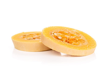 Group of two slices of smooth pear shaped orange butternut squash waltham variety isolated on white background