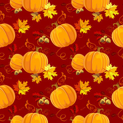 Seamless Autumn pattern floral style design: pumpkin, orange, yellow, brown red fall forest Maple leaves, oak tree leaves. Wallpaper, background beautiful, cute, trendy bright print