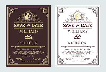 Luxurious wedding invitation, Vintage ornament greeting card vector template. Advertising or other design and place for text. Flourishes frame on background. Vector illustration