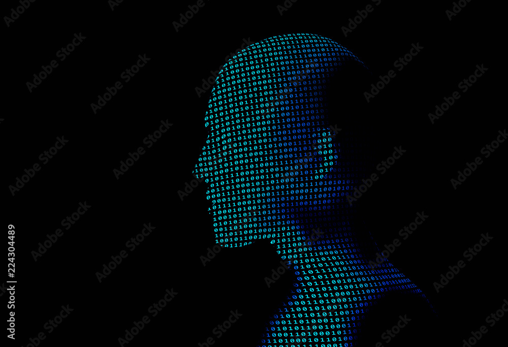 Aufkleber human with binary data code number on black background. Artificial intelligence high-tech in digital computer technology concept. 3d illustration.