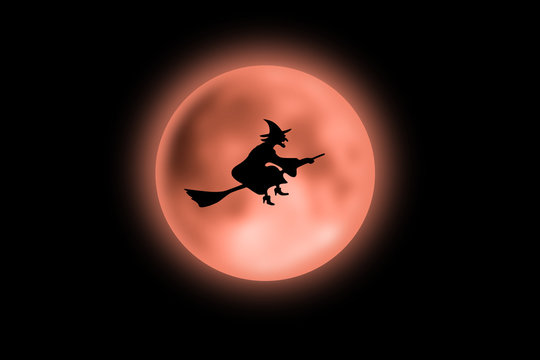 A witch with the broom flying with the moon in the background