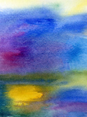 Watercolor abstract bright colorful textural background handmade . Painting of sky and clouds during sunrise . Modern cosmic pattern . Shine