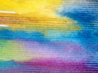 Watercolor abstract bright colorful textural background handmade . Painting of sky and clouds during sunrise . Modern cosmic pattern . Shine