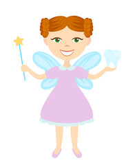 Tooth Fairy isolated on white background, fairy holding magic wand and child's tooth
