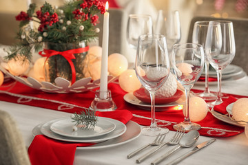 Table served for Christmas dinner in living room