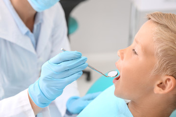 Dentist examining little boy's teeth in clinic