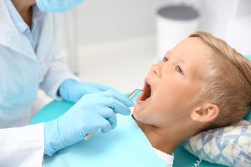 Dentist examining little boy's teeth in clinic