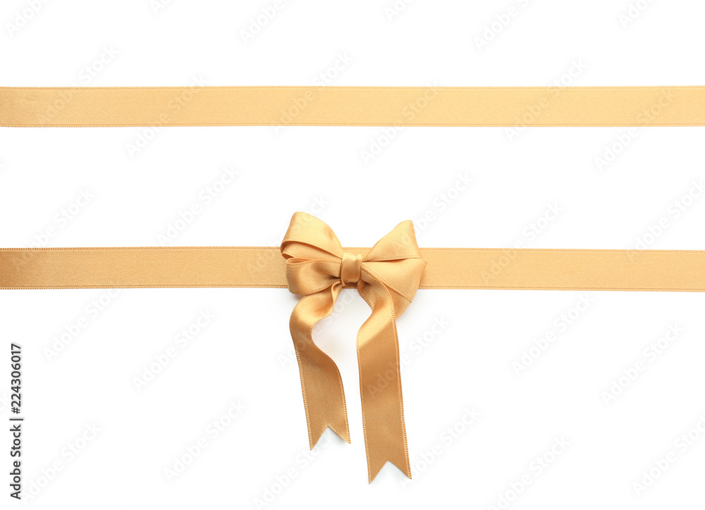 Sticker golden ribbons with bow on white background