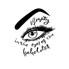 Beauty in the eyes of the beholder. Hand drawn lettering proverb. Vector typography design. Handwritten inscription.