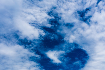 Blue sky with white and blue and pink clouds. Clear sky. Beautiful sky. Evening sky. Yellow and blue cloud in the sky.
