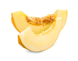 Slices of ripe melon on white background