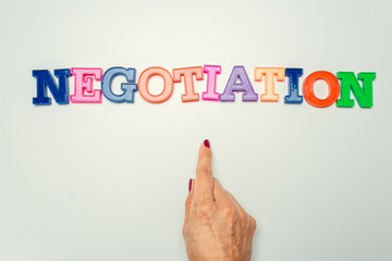 Fototapeta premium Word negotiation written in colorful plastic letters on white background