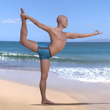 Bald man in blue briefs practising the lord of the dance or natarajasana yoga pose on a sandy beach, backbend-balancing on left foot. Square 3d render.