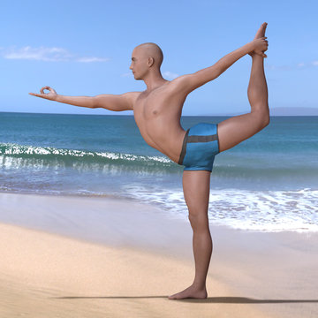 Bald man in blue briefs practising the lord of the dance or natarajasana yoga pose on a sandy beach, backbend-balancing on right foot. Square 3d render.