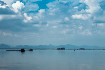 The raft floating fish farming and sky in Krasiew dam ,Supanburi Thailand.