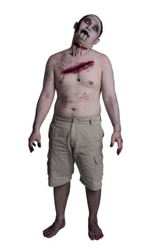 Male zombie standing over white background