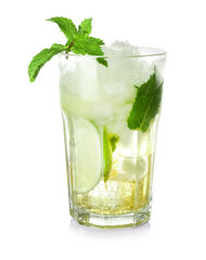 Glass of fresh mojito on white background