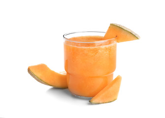 Glass of fresh melon smoothie on white background