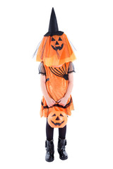 Full length of Little girl wearing Halloween costume standing over white background