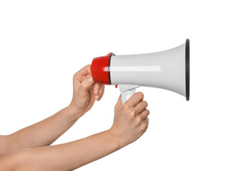 Woman holding megaphone on white background